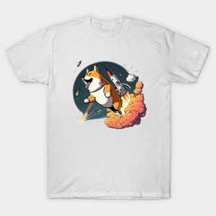 shiba inu flying into space with a rocket T-Shirt